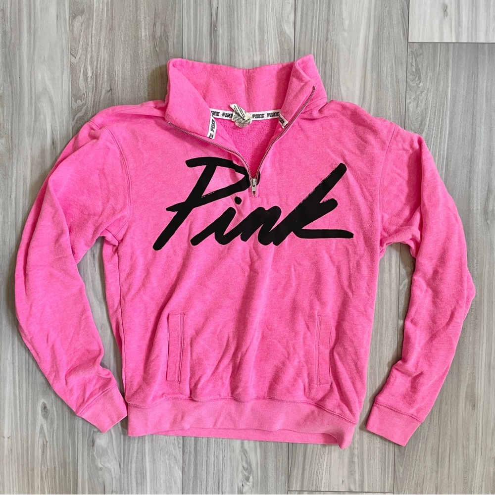 Victoria Secret PINK Quarter Zip Long Sleeve Pink Top With Pockets SIZE XS